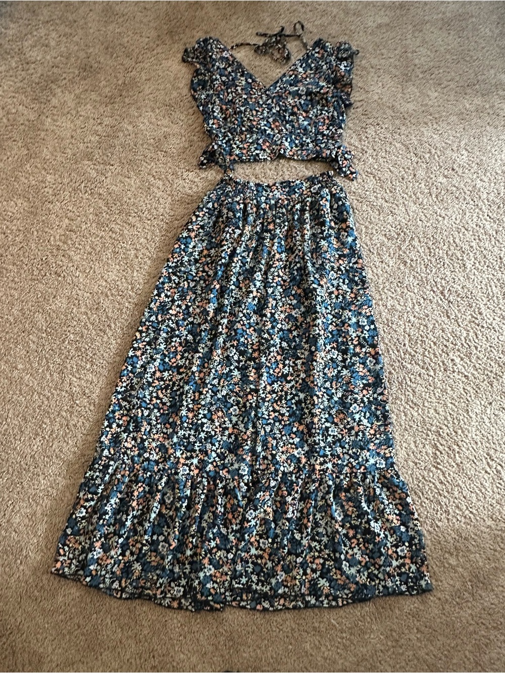 Floral Blue Maxi Skirt and top- Women's Boho Floral Print
